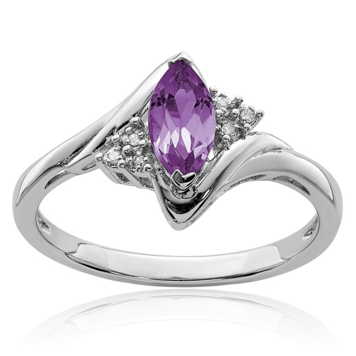 925 Sterling Silver Diamond Purple Amethyst Ring Gemstone Band