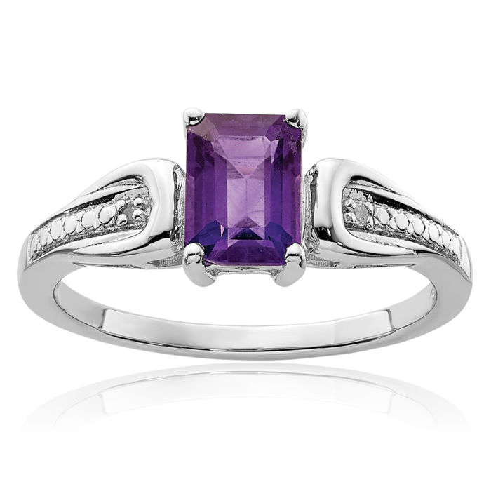 925 Sterling Silver Diamond Purple Amethyst Ring Gemstone Band