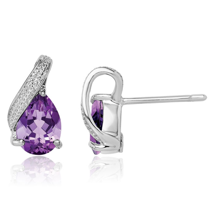 925 Sterling Silver Diamond Purple Amethyst Studs Pear Teardrop Gemstone Earrings