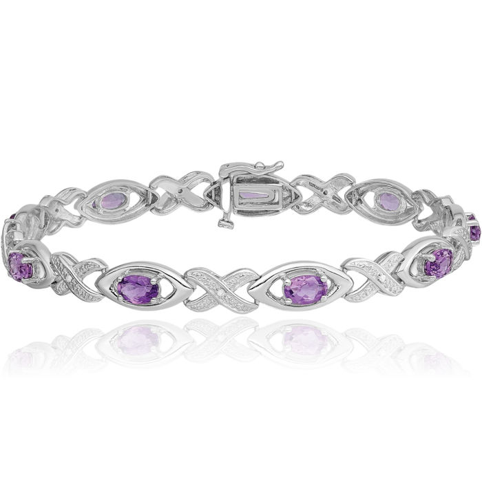 925 Sterling Silver Diamond Purple Amethyst Chain Gemstone Tennis Bracelet