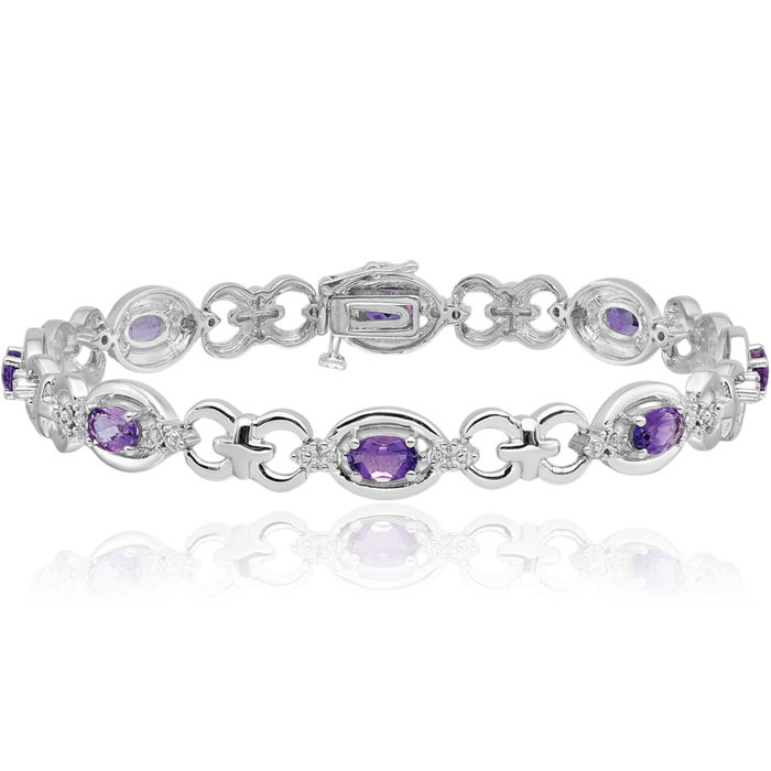 925 Sterling Silver Diamond Purple Amethyst Chain Gemstone Tennis Bracelet