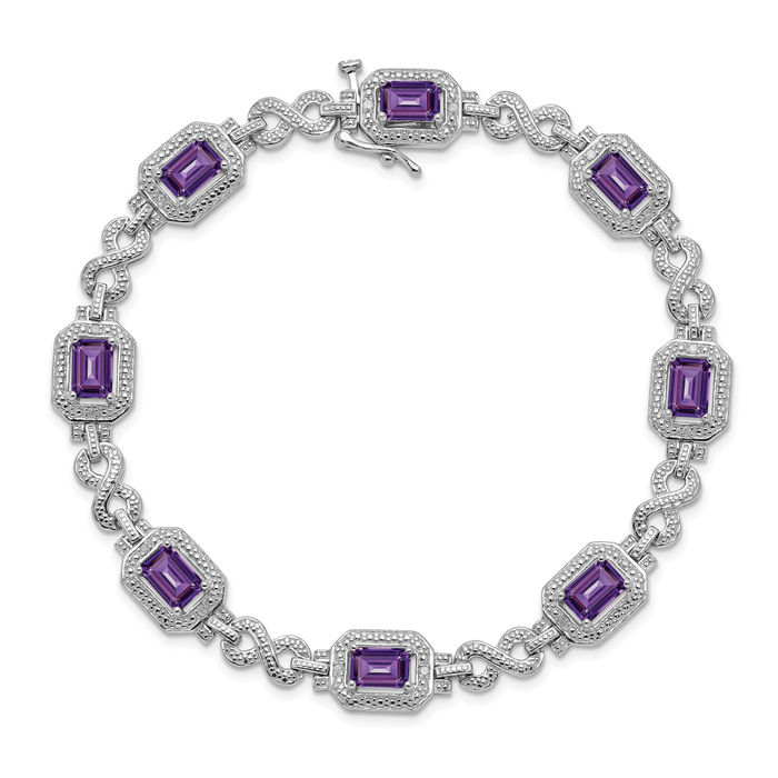 925 Sterling Silver Diamond Purple Amethyst Chain Tennis Charm Bracelet