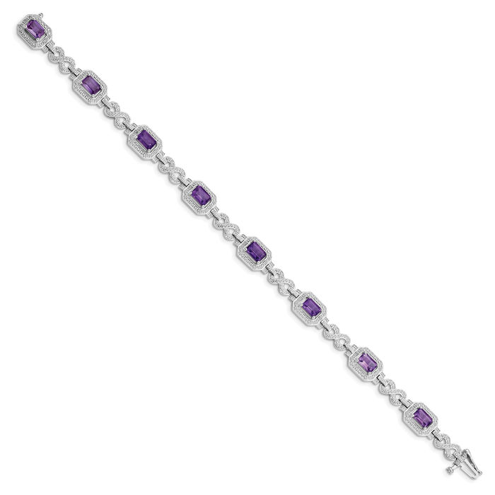 925 Sterling Silver Diamond Purple Amethyst Chain Tennis Charm Bracelet