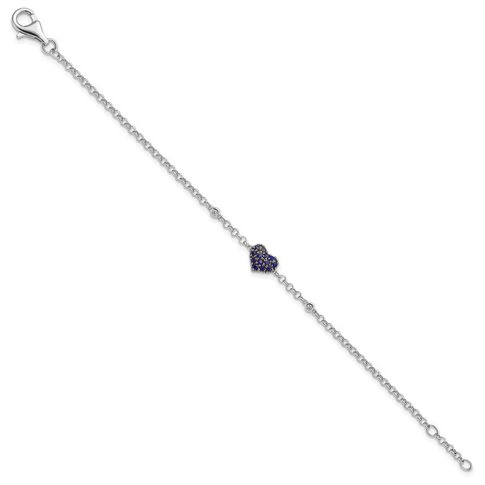 925 Sterling Silver Diamond Blue Sapphire Heart Chain Tennis Charm Bracelet