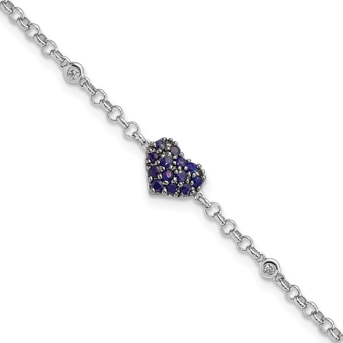 925 Sterling Silver Diamond Blue Sapphire Heart Chain Tennis Charm Bracelet