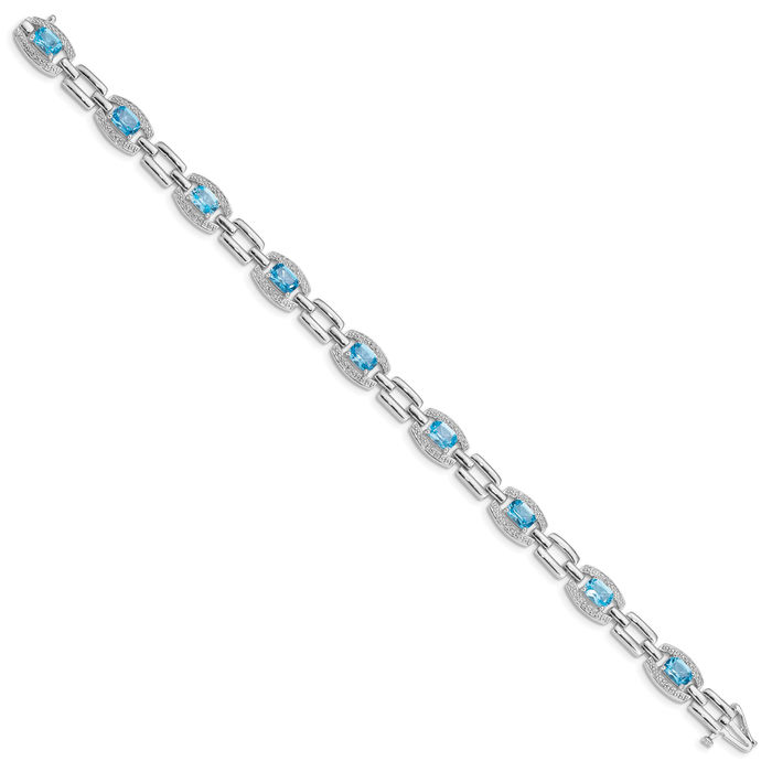 925 Sterling Silver Diamond Swiss Blue Topaz Chain Gemstone Tennis Bracelet