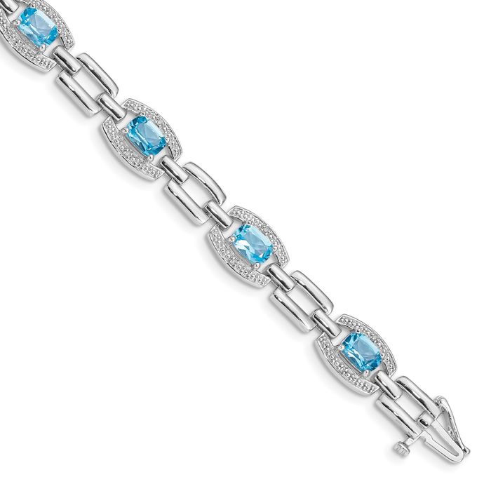 925 Sterling Silver Diamond Swiss Blue Topaz Chain Gemstone Tennis Bracelet