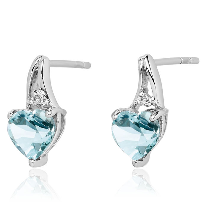 925 Sterling Silver Diamond Blue Aquamarine Heart Stud Earrings Gemstone Post Push Back March Birthstone Jewelry