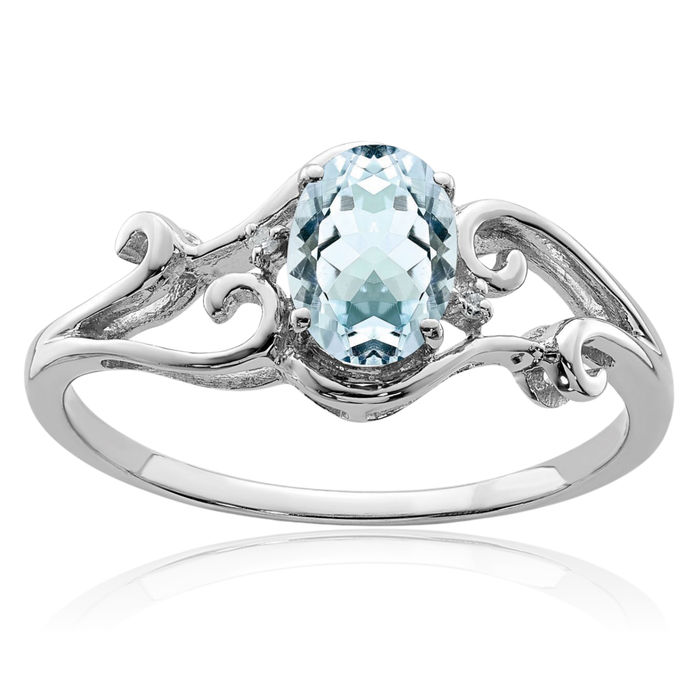 925 Sterling Silver Diamond Blue Aquamarine Oval Ring Gemstone Band