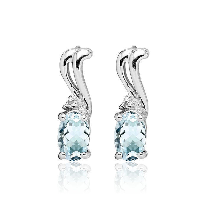 925 Sterling Silver Diamond Blue Aquamarine Oval Stud Earrings March Birthstone Jewelry