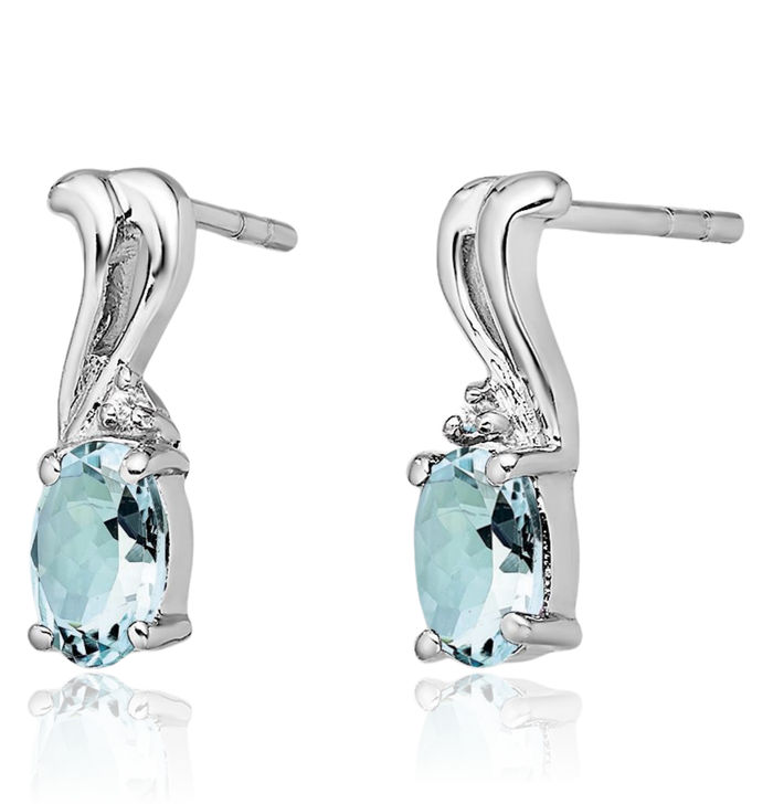 925 Sterling Silver Diamond Blue Aquamarine Oval Stud Earrings March Birthstone Jewelry