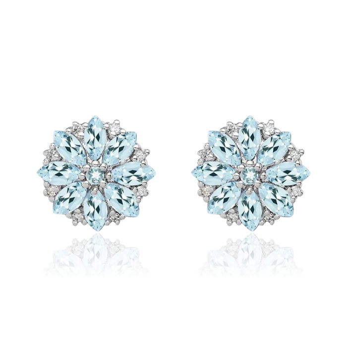 925 Sterling Silver Diamond Blue Aquamarine Stud Earrings March Birthstone Jewelry