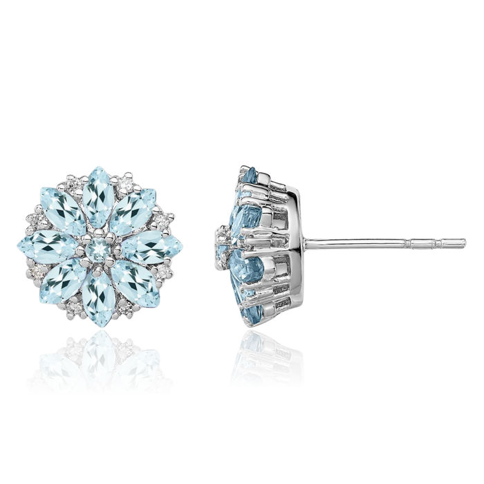 925 Sterling Silver Diamond Blue Aquamarine Stud Earrings March Birthstone Jewelry