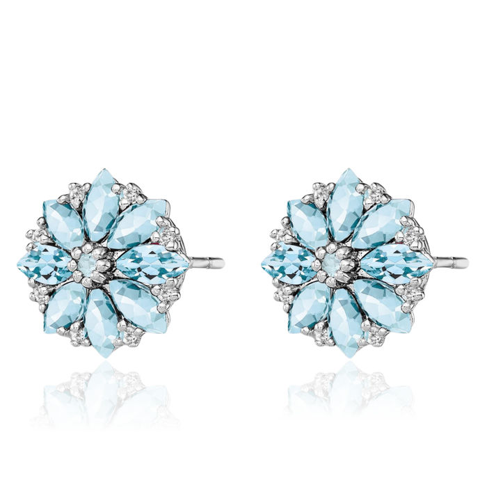 925 Sterling Silver Diamond Blue Aquamarine Stud Earrings March Birthstone Jewelry