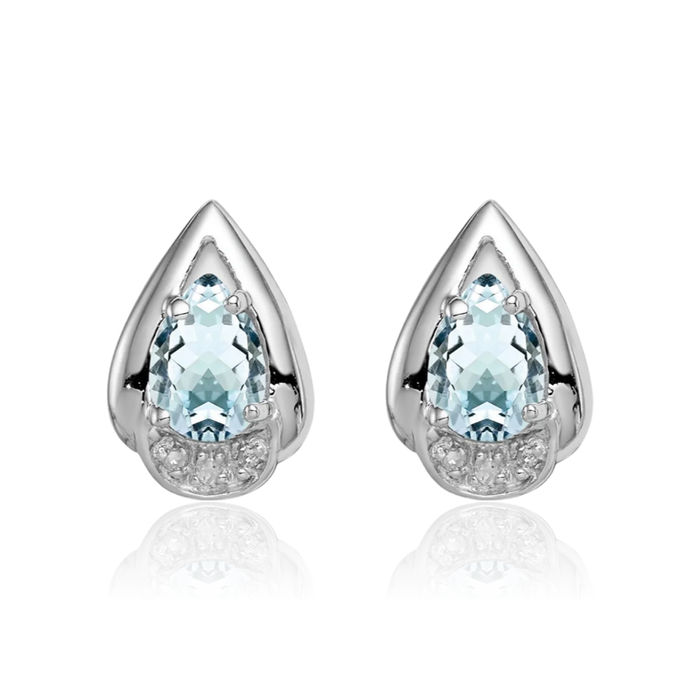 925 Sterling Silver Diamond Blue Aquamarine Studs Pear Teardrop Gemstone Earrings March Birthstone Jewelry