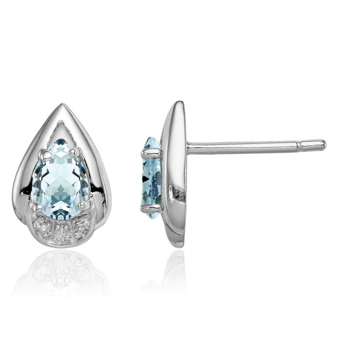 925 Sterling Silver Diamond Blue Aquamarine Studs Pear Teardrop Gemstone Earrings March Birthstone Jewelry