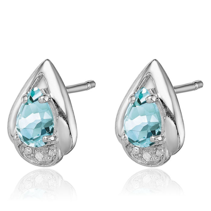 925 Sterling Silver Diamond Blue Aquamarine Studs Pear Teardrop Gemstone Earrings March Birthstone Jewelry