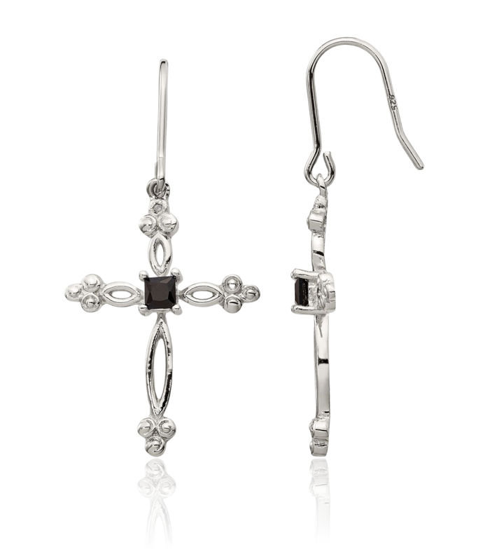 925 Sterling Silver Diamond Black Cubic Zirconia CZ Budded Hanging Holy Cross Christian Religious Drop Dangle Earrings