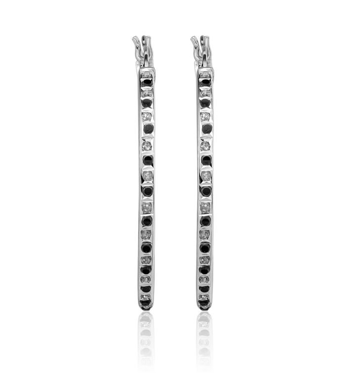 925 Sterling Silver Diamond Black White Medium Hoop Earrings