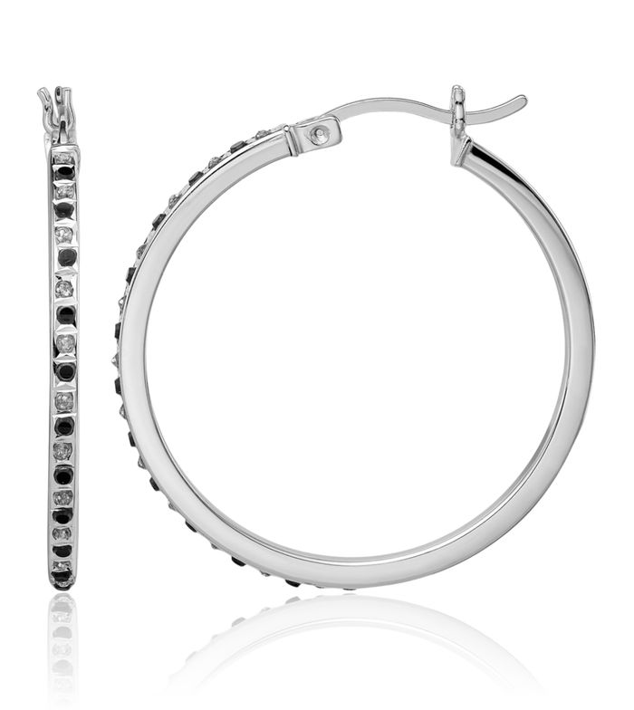 925 Sterling Silver Diamond Black White Medium Hoop Earrings