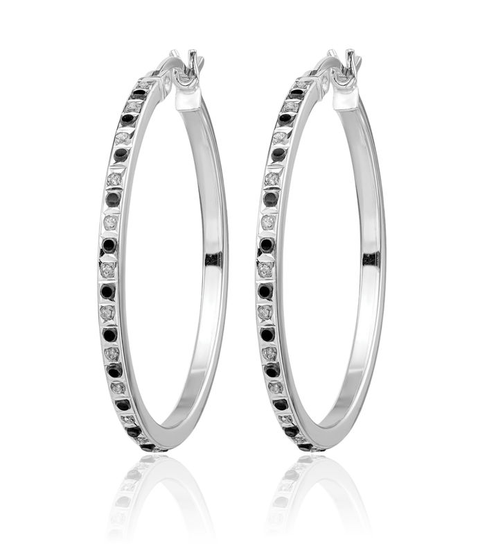 925 Sterling Silver Diamond Black White Medium Hoop Earrings