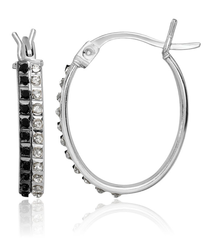 925 Sterling Silver Diamond Black White Oval Medium Hoop Earrings