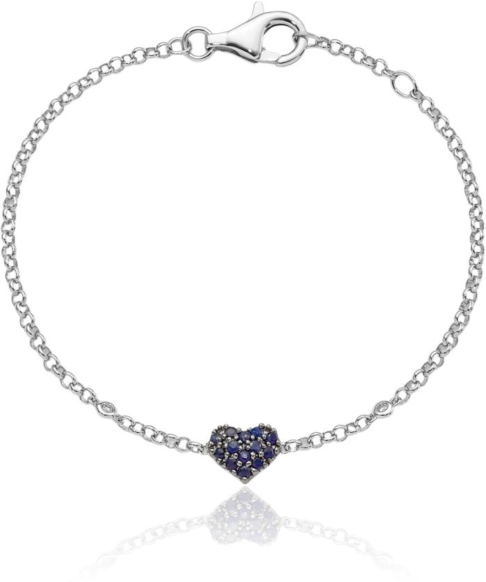 925 Sterling Silver Diamond Blue Sapphire Heart Chain Tennis Charm Bracelet