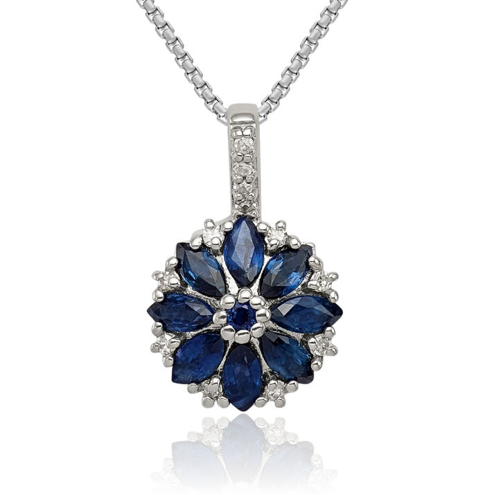 925 Sterling Silver Diamond Blue Sapphire Necklace Charm Gemstone Pendant