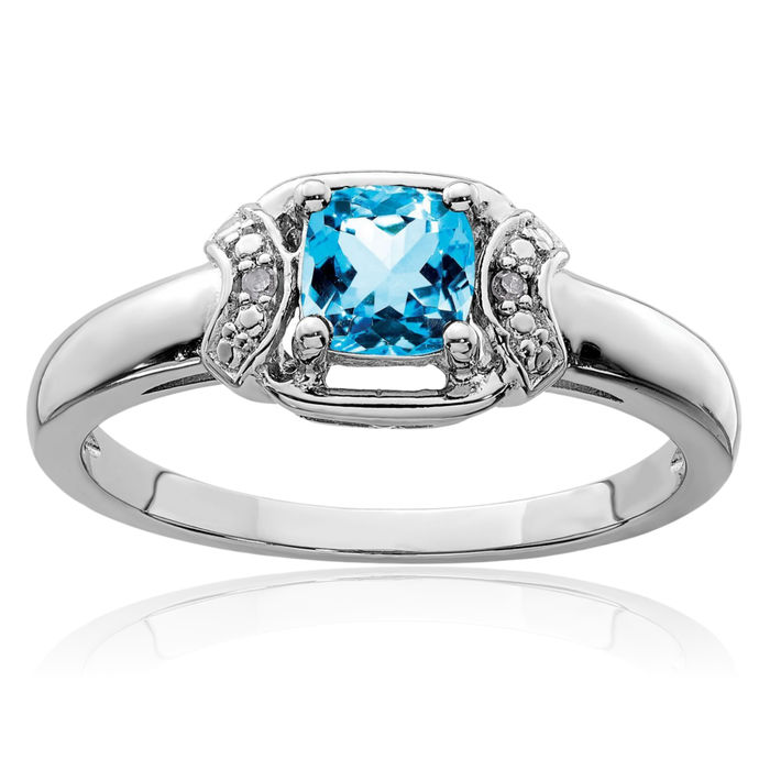 925 Sterling Silver Diamond Swiss Blue Topaz Ring Gemstone Band