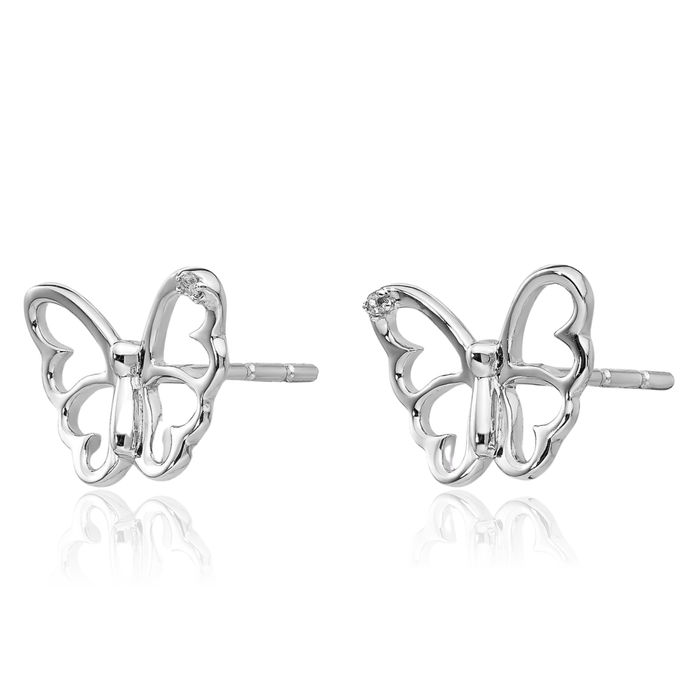 925 Sterling Silver Diamond Butterfly Wings Stud Earrings