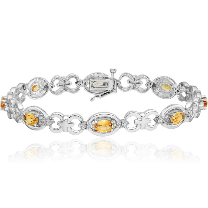 925 Sterling Silver Diamond Yellow Orange Citrine Chain Gemstone Tennis Bracelet