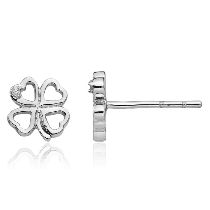 925 Sterling Silver Diamond Lucky Clover Shamrock Flower Leaf Stud Earrings