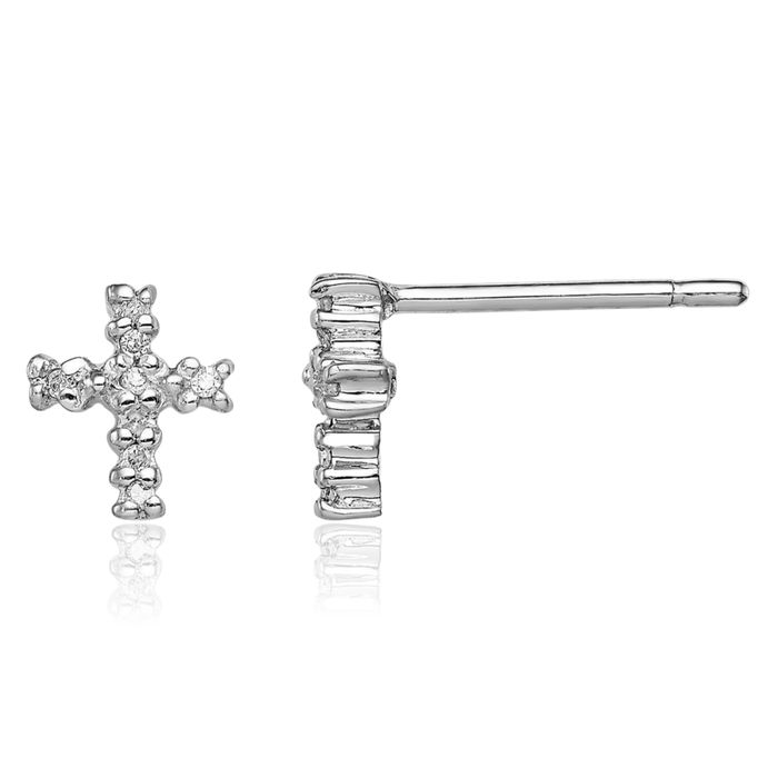 925 Sterling Silver Diamond Holy Cross Drop Dangle Christian Religious Stud Earrings