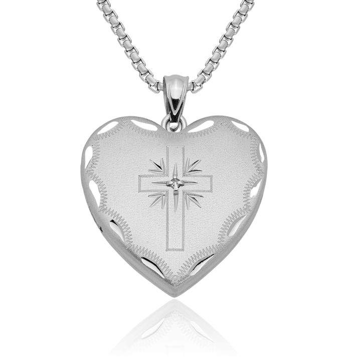 925 Sterling Silver Diamond Holy Cross Heart Personalized Photo Locket Necklace Religious Chain Pendant Jesus Christ Charm