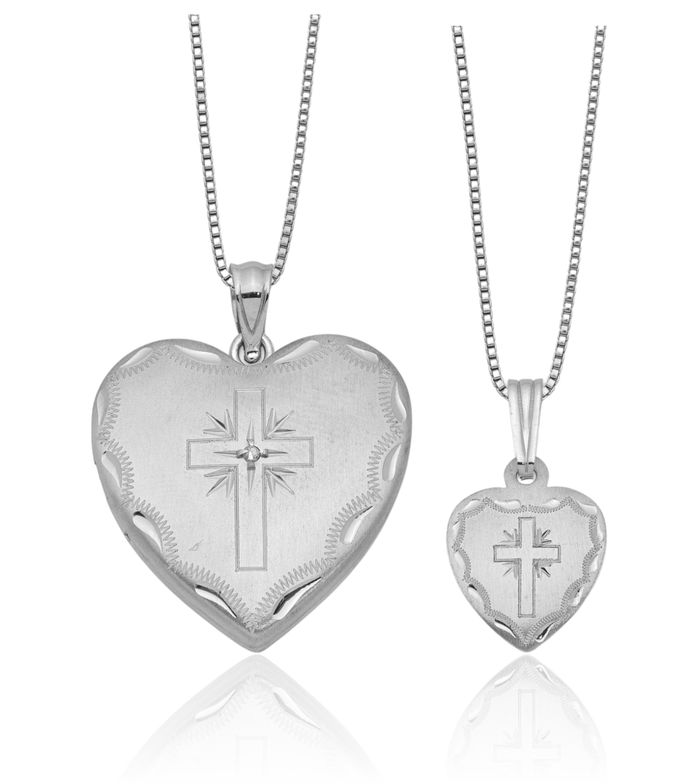 925 Sterling Silver Diamond Cross Heart Personalized Photo Locket Necklace Religious Chain Pendant Jesus Christ Charm Set