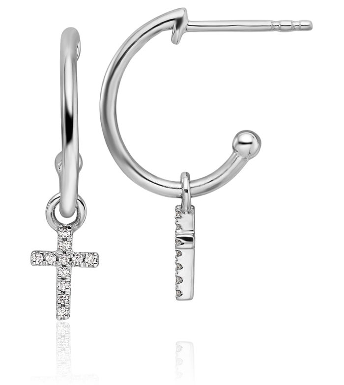 925 Sterling Silver Diamond Holy Cross J Medium Hoop Christian Religious Drop Dangle Earrings