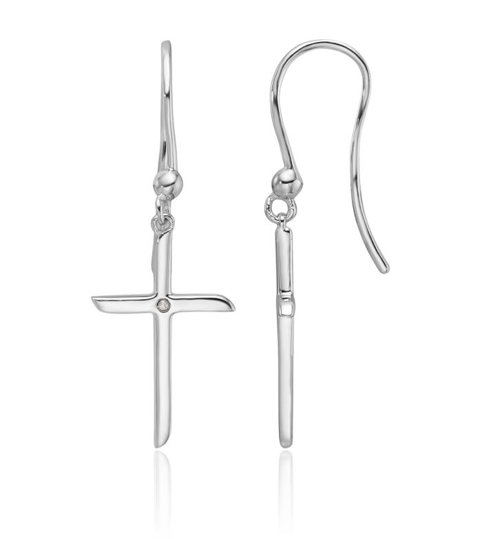 925 Sterling Silver Diamond Holy Cross Shepherds Hook Christian Religious Drop Dangle Earrings