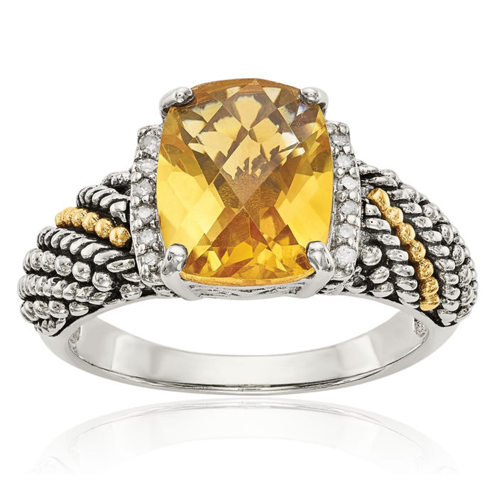 925 Sterling Silver Vintage Diamond Cushion-Cut Yellow Orange Citrine Ring Gemstone Band