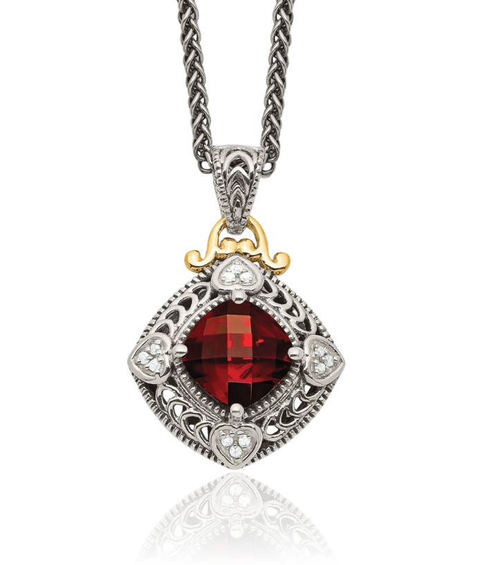 925 Sterling Silver Vintage Diamond Cushion-Cut Red Garnet Chain Necklace Gemstone Pendant Charm