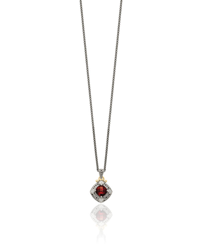 925 Sterling Silver Vintage Diamond Cushion-Cut Red Garnet Chain Necklace Gemstone Pendant Charm