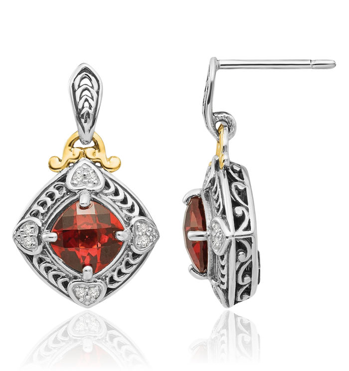 925 Sterling Silver Vintage Diamond Cushion-Cut Red Garnet Post Drop Dangle Earrings