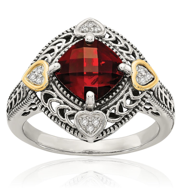 925 Sterling Silver Vintage Diamond Cushion-Cut Red Garnet Ring Gemstone Band