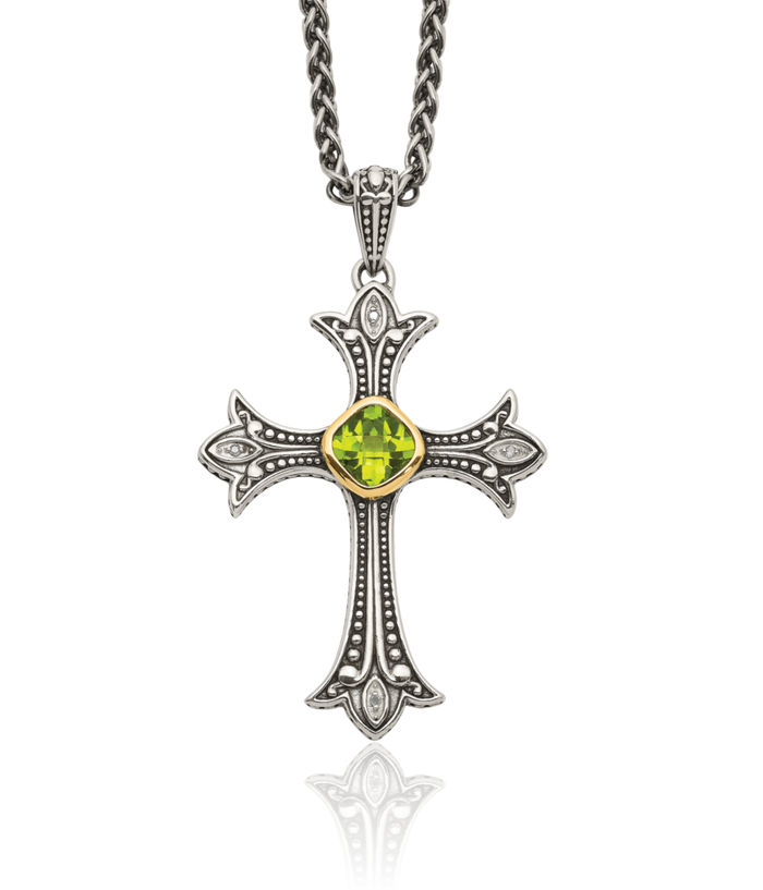 925 Sterling Silver Vintage Diamond Cushion-Cut Green Peridot Chain Necklace