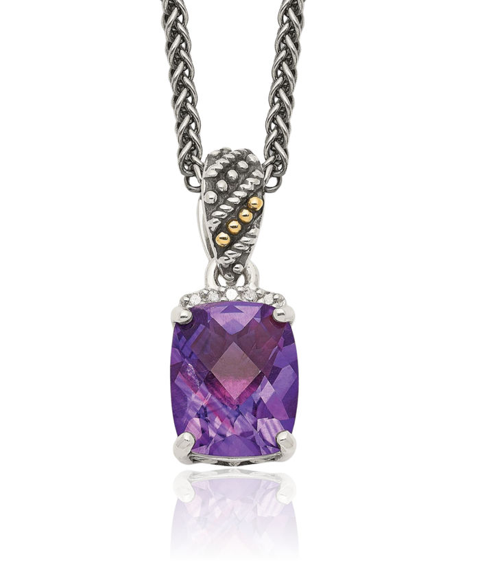 925 Sterling Silver Vintage Diamond Cut Cushion-Cut Purple Amethyst Chain Necklace Gemstone Pendant Charm