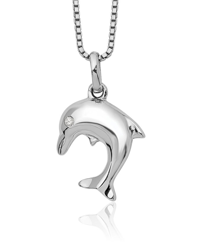 925 Sterling Silver Diamond Sea Dolphin Ocean Fish Beach Nautical Chain Necklace