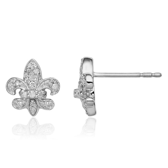 925 Sterling Silver Diamond French Fleur De Lis Lily Flower Stud Earrings