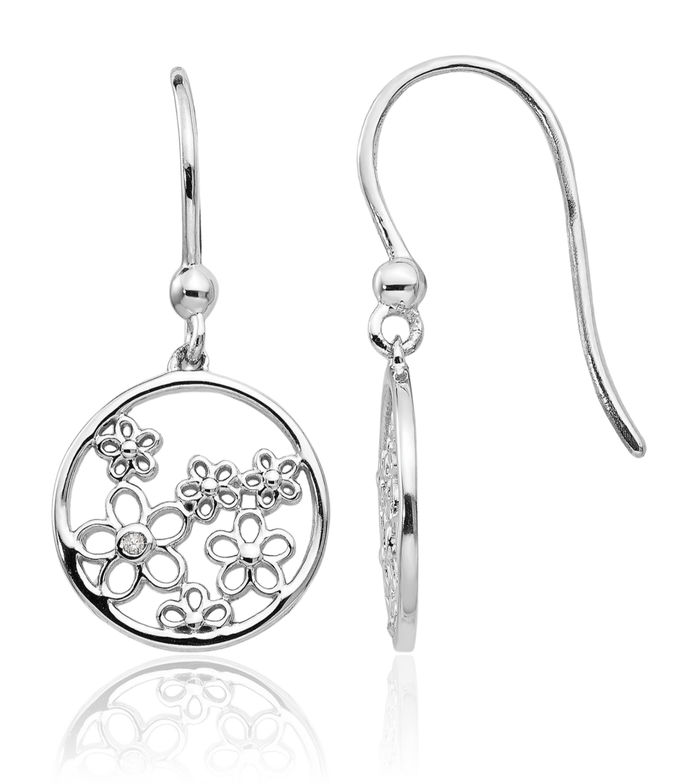 925 Sterling Silver Diamond Flower Drop Dangle Earrings