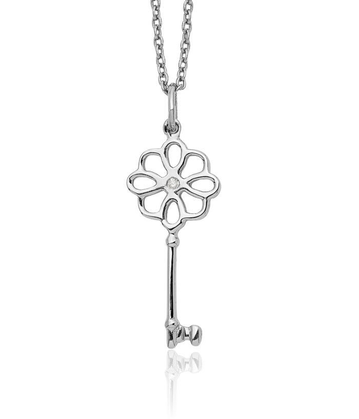 925 Sterling Silver Diamond Flower Key Chain Necklace