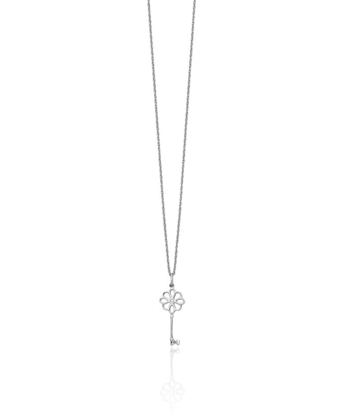 925 Sterling Silver Diamond Flower Key Chain Necklace