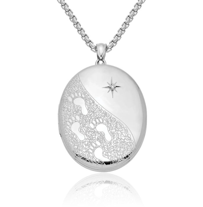 925 Sterling Silver Diamond Footprints Oval Personalized Photo Locket Necklace Picture Pendant Charm